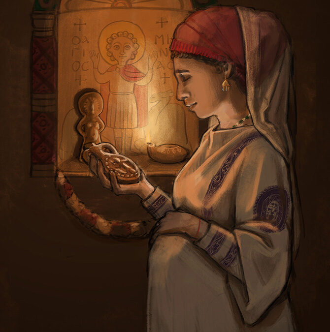 Archeological reconstruction drawing of an Egyptian woman