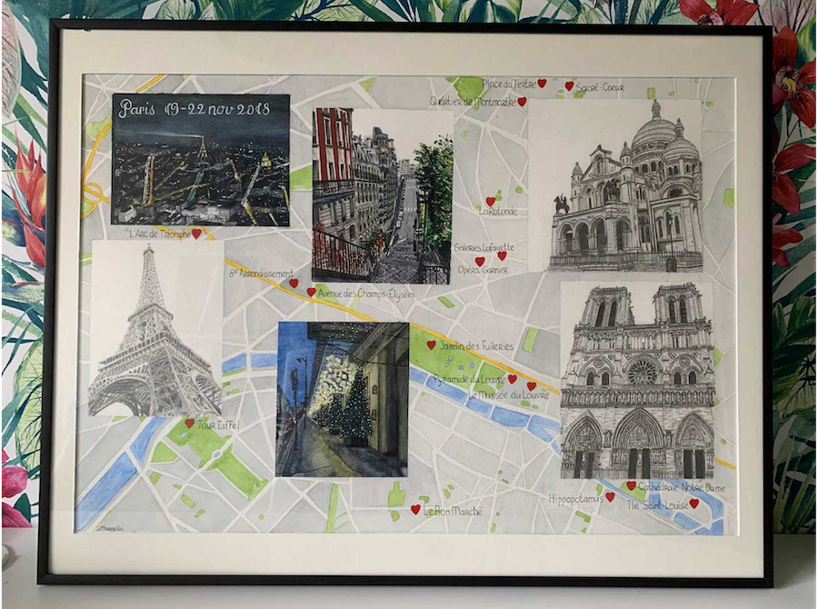 Map of Paris with mini-illustrations of landmarks